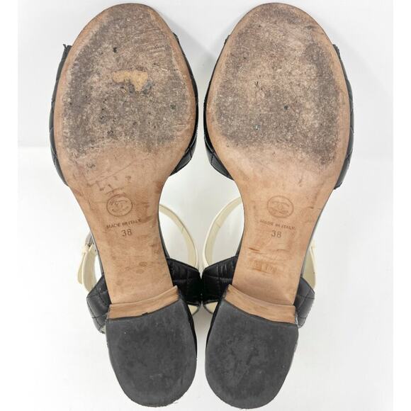 Chanel Black White Quilted Matelasse Leather Peep Toe Block Logo Heel Sandals - Picture 9 of 10